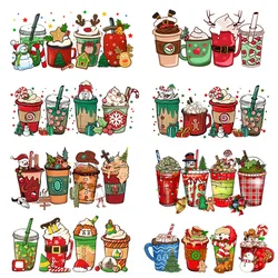 Christmas Winter Coffee Santa Patches for Clothes Heat Transfer Thermal Stickers DIY Kids T shirt Iron on for Women Appliqued