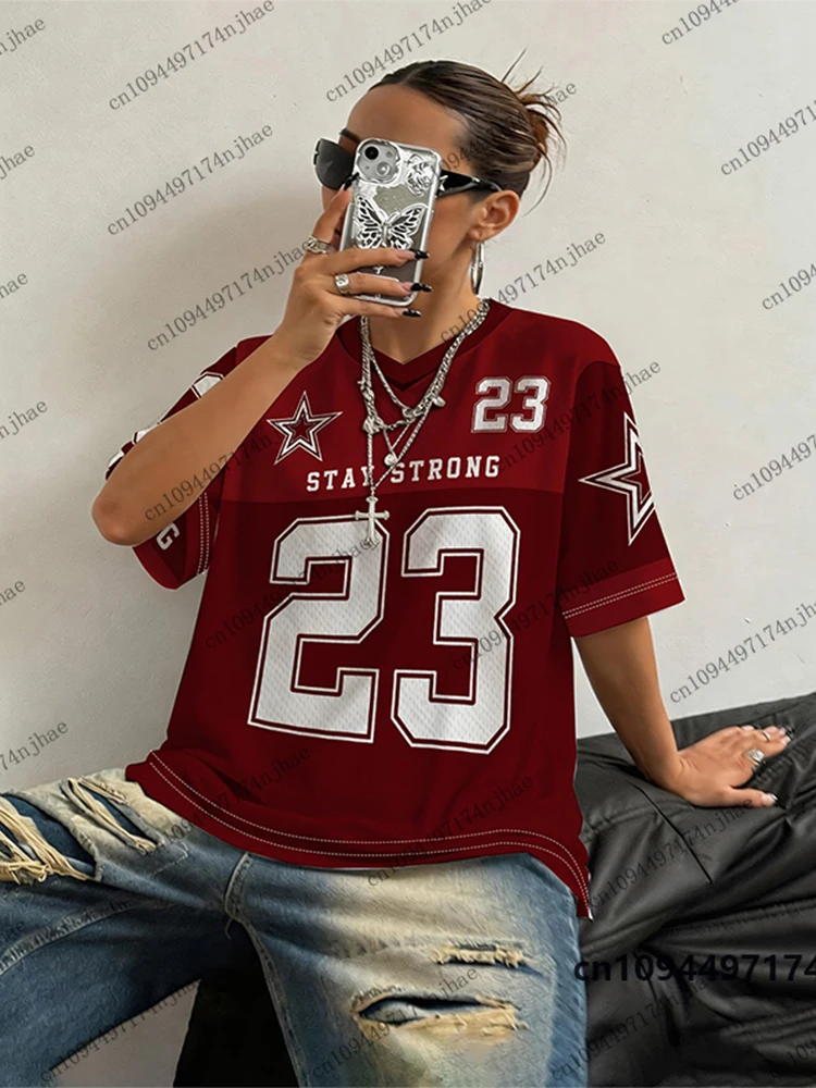 Oversized T-shirt For Women V-Neck Short Sleeve Summer Patchwork Stay Strong No.23 Print Sports Tops Football Jersey Y2k Tees