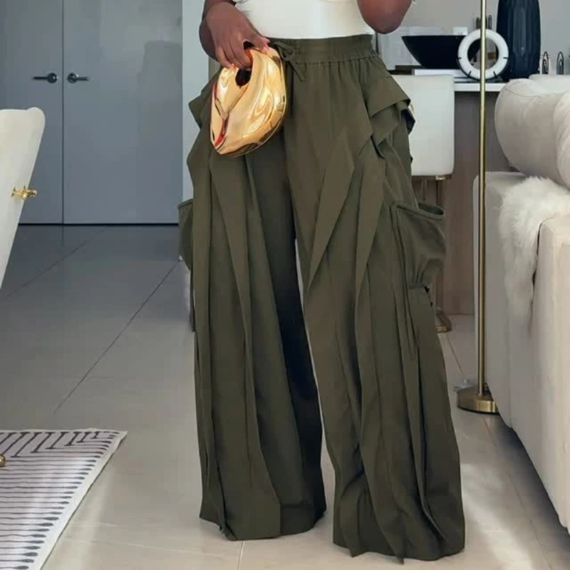 

Women Solid Pants Wide Leg Trousers Ruffles Full Lenth Mid Drawstring Waist Pockets Straight Loose Streetwear Casual 2026 Spring