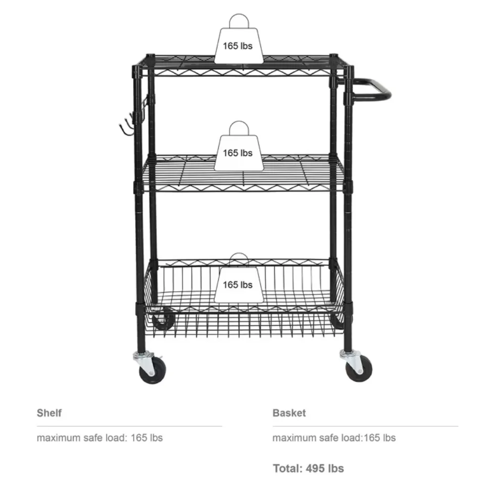 3-Tier New Multipurpose Rolling Cart, Black Color, 495lbs Load Capacity