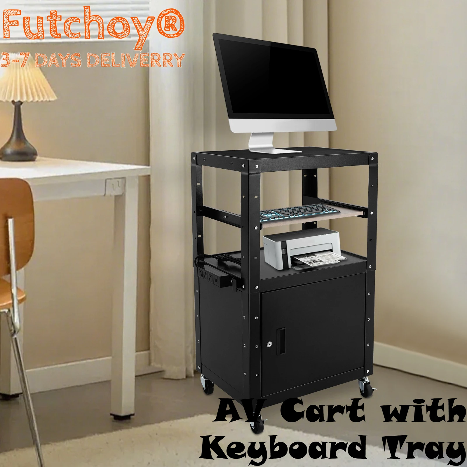 

AV-тележка с лотком для клавиатуры, регулируемой высотой и запирающимся шкафом, выдвижным лотком, удлинителем, легко собирается нагрузка 35 кг/77 фунтов