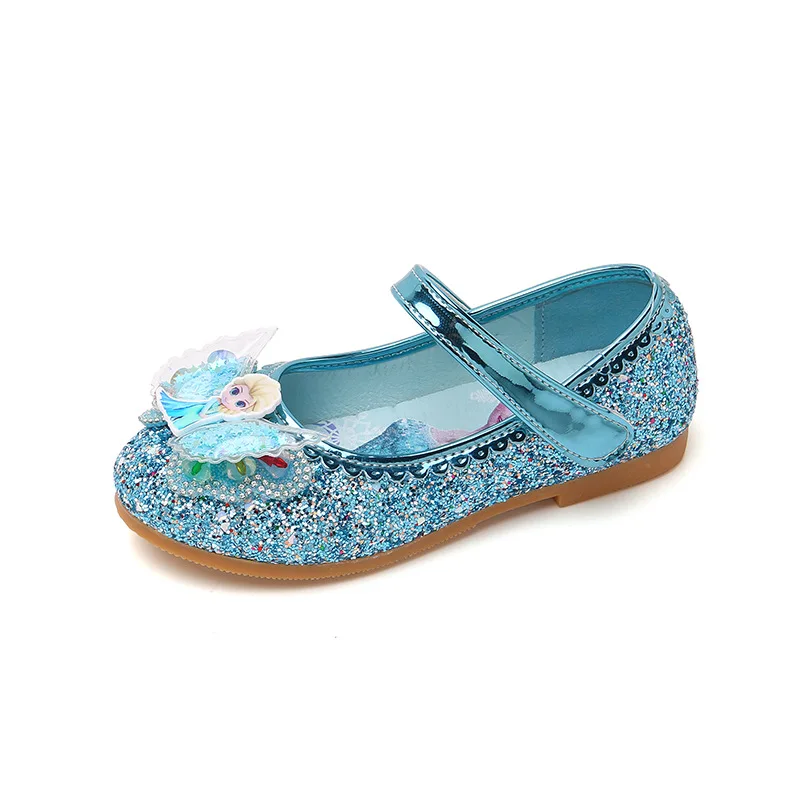 Disney-zapatos planos informales para niños y niñas, zapatillas de diseño de princesa Elsa de Frozen, de cristal, con punta redonda ostentosa