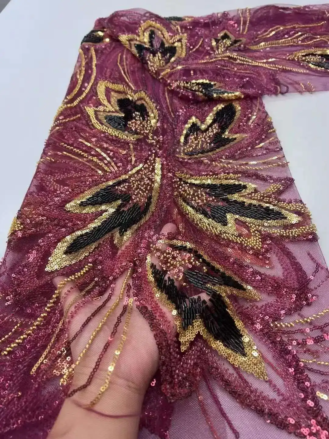 

French Mesh Bridal Lace Fabric Beads African Sequins Lace wine Hot Sale Nigerian Beads For Women Wedding Dress Sew