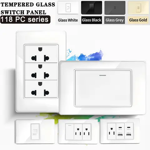 Thai US Dual USB Type-C Socket Plug 118*75mm Tempered Glass 20W Quick Charge Wall Outlet 110V White Flame Retardant Panel Switch