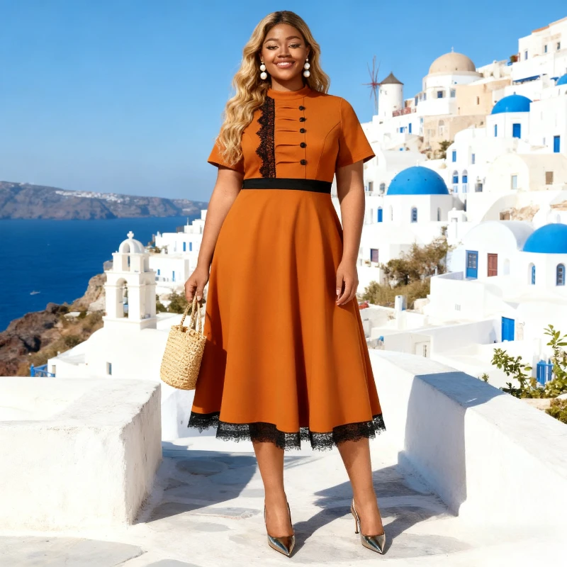 Vintage Style A Line Dress for Women with Lace Trim Button Front Perfect for Church Weddings Cocktail Party and Formal Occasions