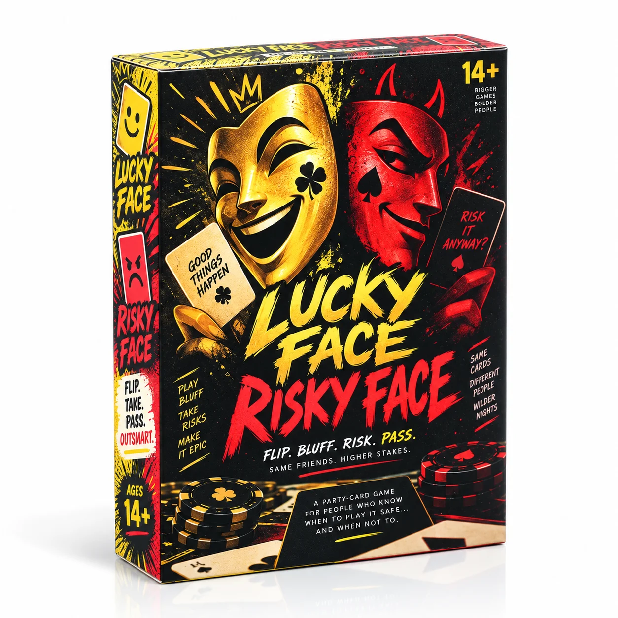 LUCKY FACE RISKY FACE Party Card Game Flip Take Pass and Outsmart Fast Paced Bluffing and Push Your Luck Game with Hidden Card S