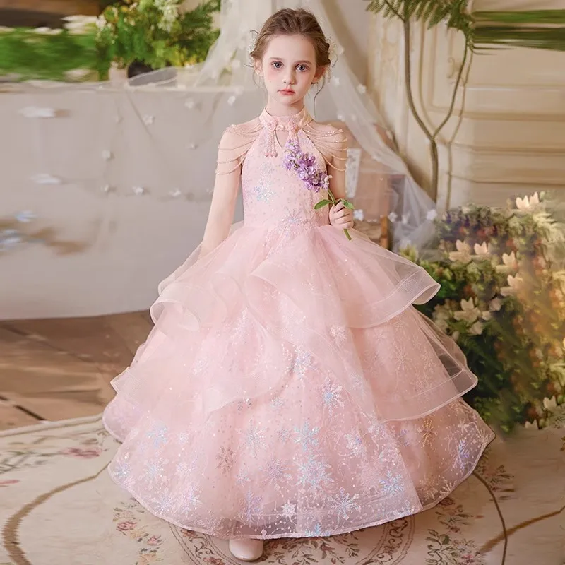 Girls' Formal Dress Birthday Party Pink Princess Dress Flower Girl High-End Elegant Children's Host Piano Performance Costume