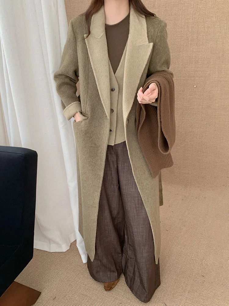 YERMORA Green Fake Two Pieces Wool Long Blazer For Women Lapel Loose New Warm Overcoat Fashion Tide Autumn Winter 2025
