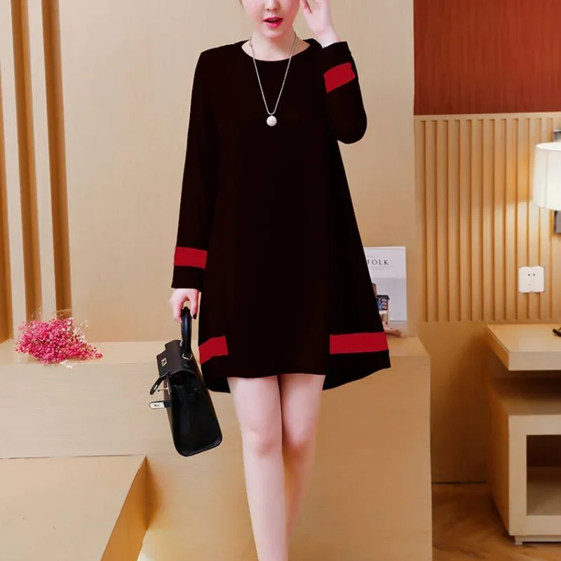 

Autumn Winter Korean New O-Neck Plus Size Dress Solid Printed Spliced Loose Look Thinner Midi Length Long Sleeve Dress Z570