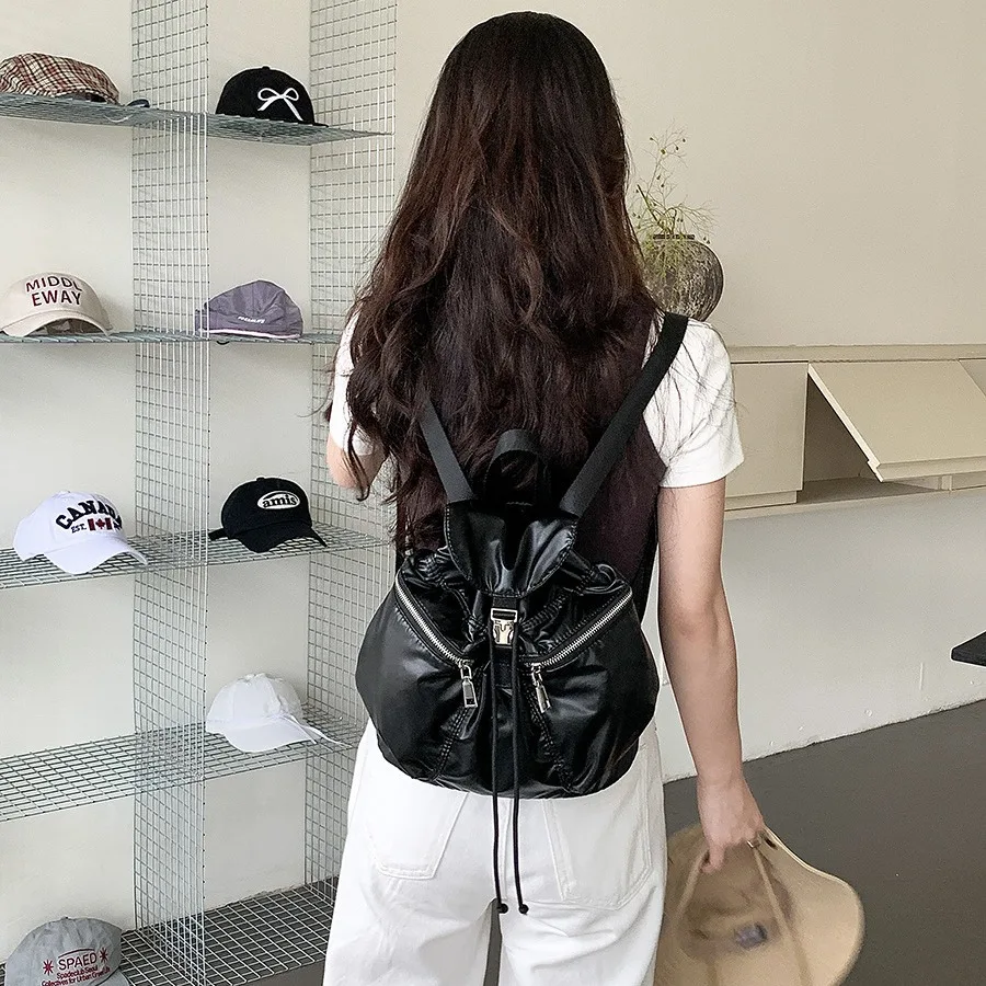 Women\'s Small Waterproof Nylon Backpacks 2024 Summer Y2K Korean Fashion Silver Backpack Lady Travel Drawstring Back Packs