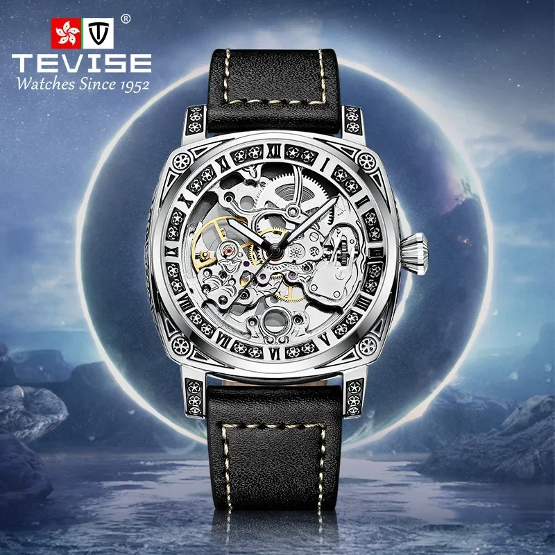 Man Tourbillon Hollow Automatic Mechanical Watch Men's Waterproof Luminous Sports Watch Men's Light Luxury Carved Leather Watch