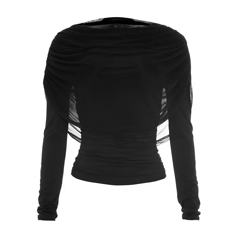 2026 Frühling Sommer Damen Langarm-T-Shirt mit drapiertem Kragen, plissiertem Schal, schmal geschnitten, Stretch-Oberteil, elegant, lässig, Alltagskleidung – Detail 14