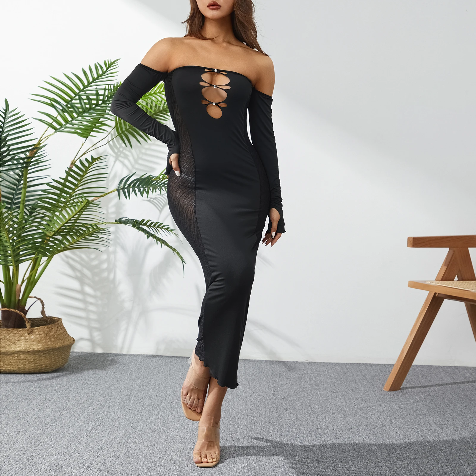 Seksowna elegancka długa suknia damska Off Shoulder z długim rękawem Rhinestone wyciąć obcisła sukienka Mesh Sheer lato jesienne sukienki kobieta