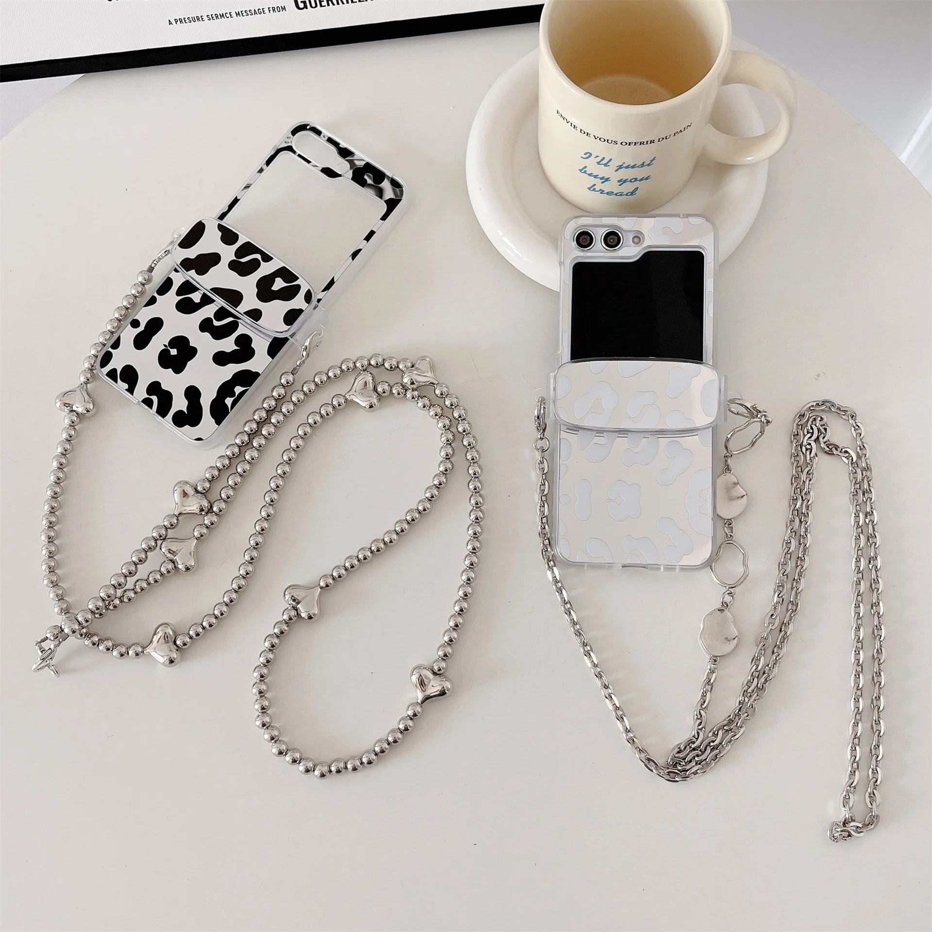 For Samsung Galaxy Z Flip 5 4 3 5G Case Silver Plated Mirror Leopard Print Lanyard Cases Galaxy Z Flip Cover