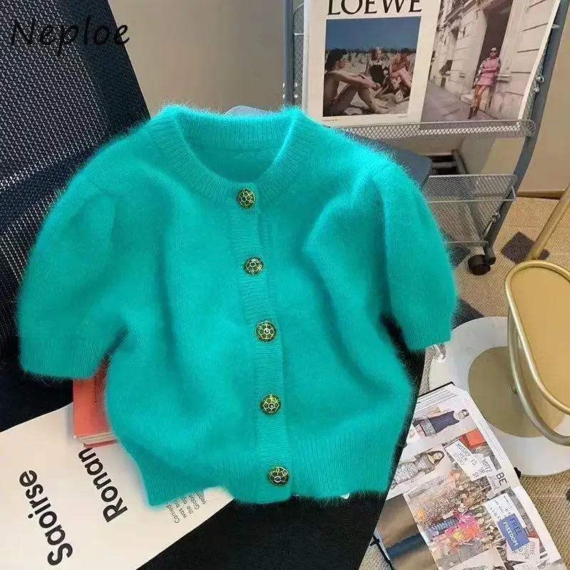 Neploe Japanese Sweet Gentle Knitted Cardigan 2024 Summer Soft Waxy Short Sleeve Sweater Coats Femme Temperament Thin Clothing