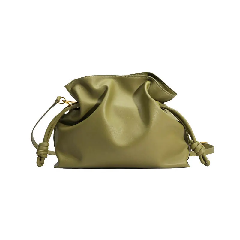 

New Ruched Design Solid Color String Close Gift Lucky Pouch Handbag Leather Women Drawstring Pleated Shoulder Bags Daily Purse