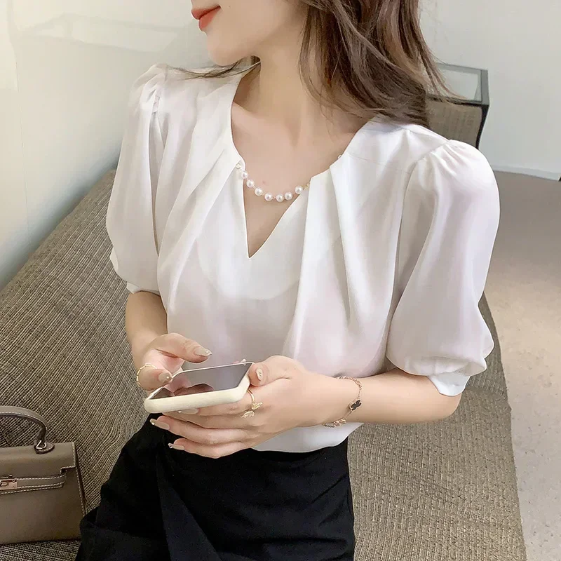 

Блузки Топ Femme Блузка с коротким рукавом Женская Blusas Mujer De Moda 2024 Verano Бисероплетение V-образным вырезом Шифоновая белая блузка Рубашка Топы E800