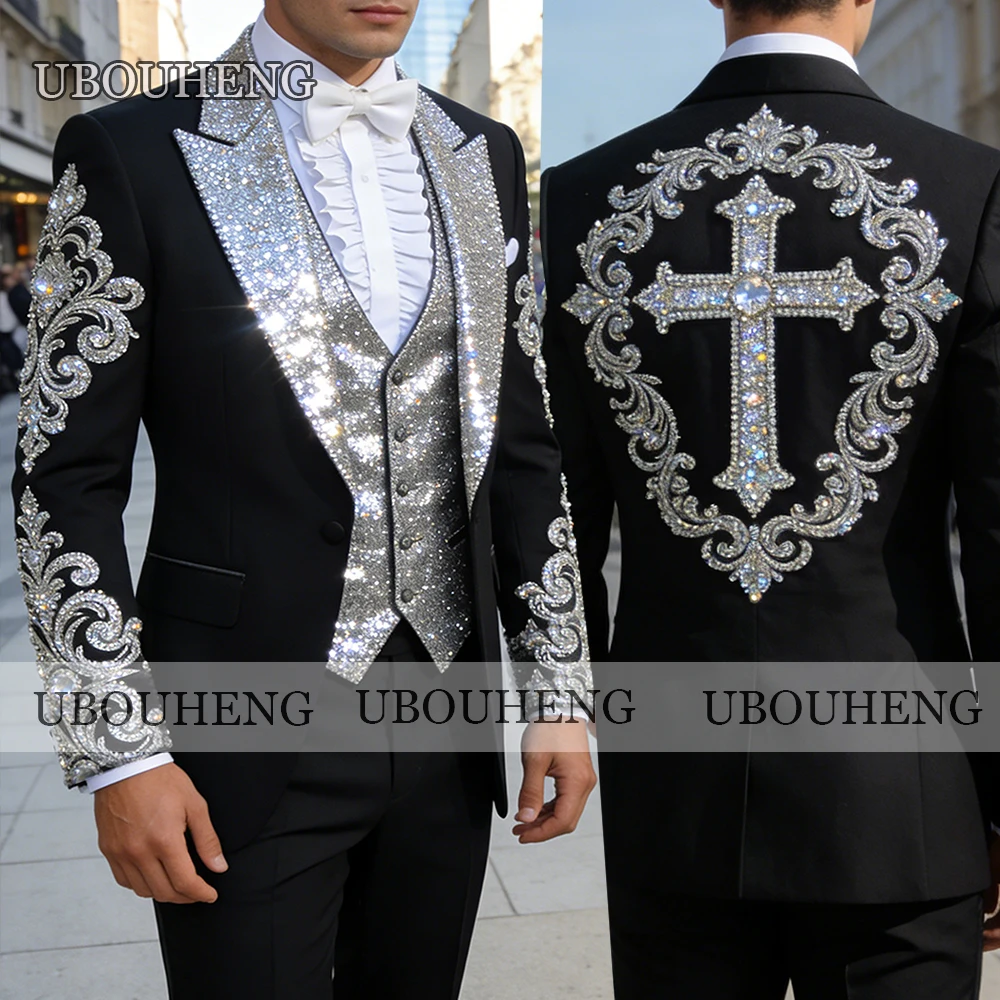 

Sparkly Suits Men For Wedding Sequins Label Beaded Stones Prom Blazers Customized 3 Piece Sets Man Banquet Attire Formal Wear