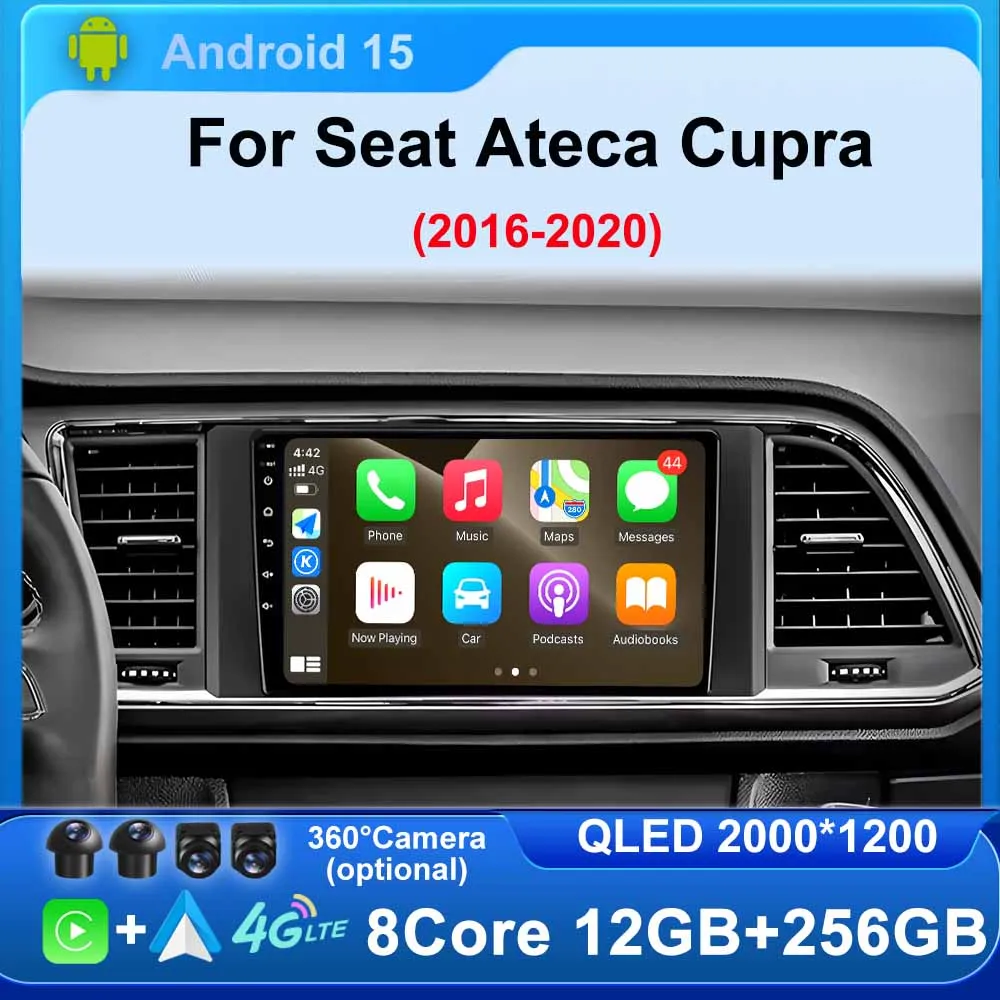 أندرويد 15 Carplay راديو السيارة التلقائي لمقعد Ateca Cupra 2016-2020 مشغل فيديو الوسائط المتعددة الملاحة GPS WIFI + 4G 2 din DVD ستيريو