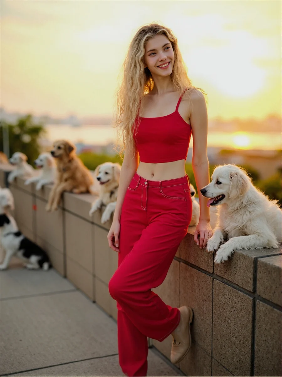 

Red Denim High Waist Jeans Womens Embroidered Pleated Wide Legged Cropped Flared Leg Washed Retro Y2K Blue Pockets Boyfriend