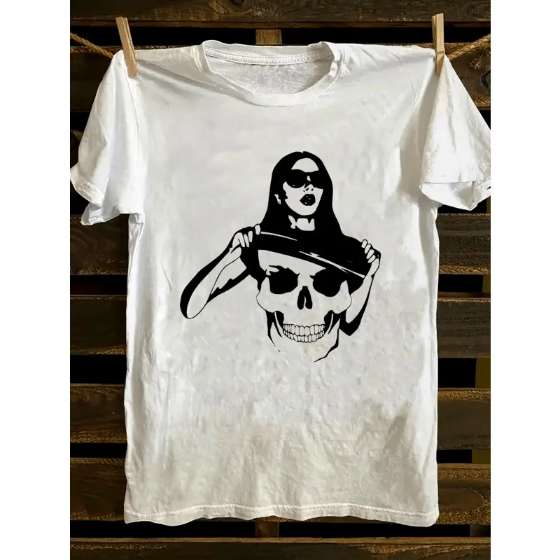 Retro Skull and Female Facial Print Street Style T-shirt for Men, Summer New Style Suitable for Both Men and Women
