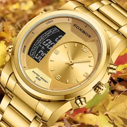 FOXBOX New Gold Quartz Wristwatch For Men Fashion Military Sport Waterproof Watch Men Top Brand Luxury Dual Display Watch Men