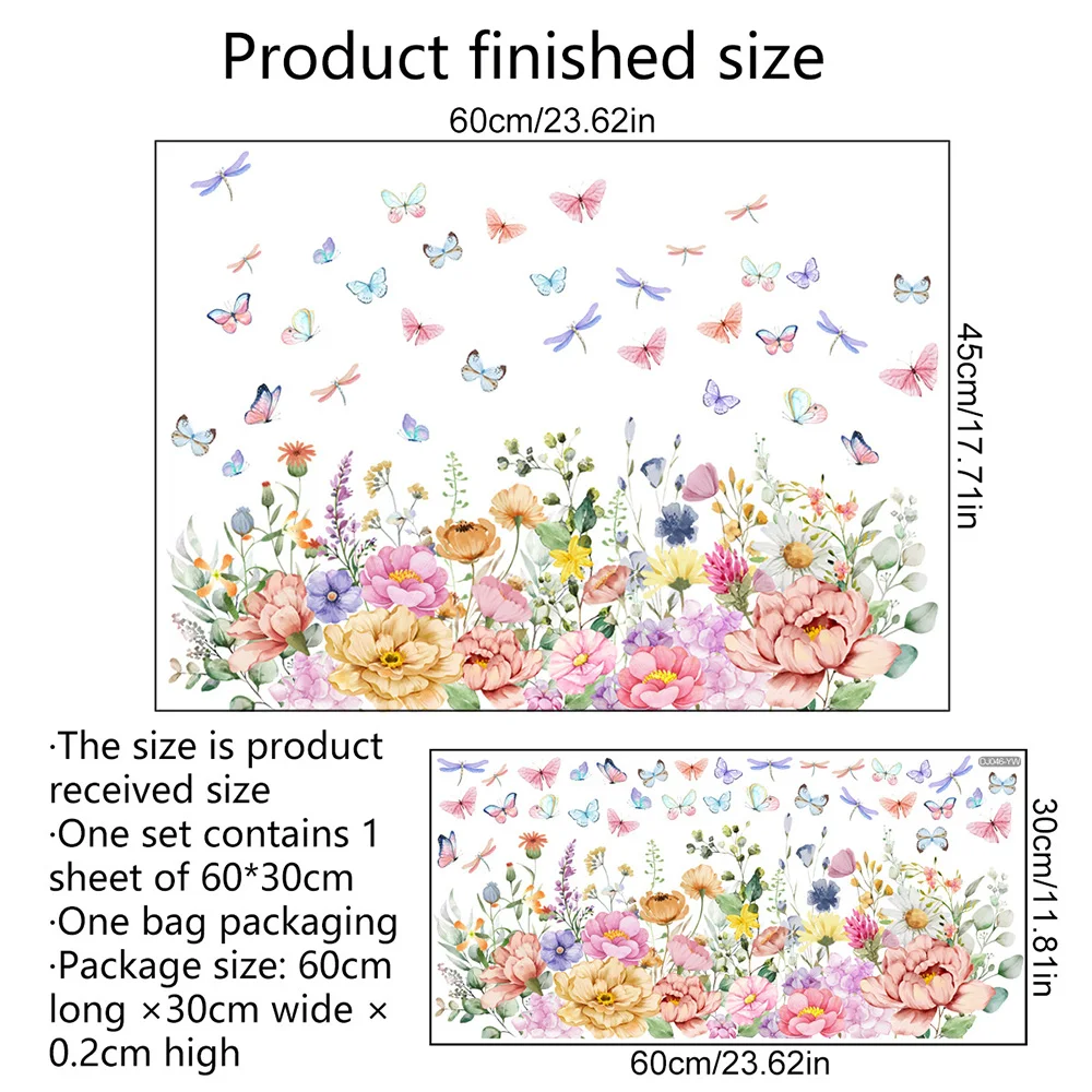 Chzimade 30X60cm Color Plant Flower Butterfly Electrostatic Stickers Double-Sided Visual Glass Window Layout Mural Wall Stickers