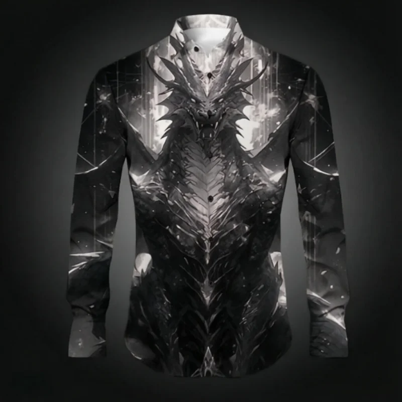 

Dragon Totem Men's Long Sleeve Collar Shirt, Button Design, Digital Printing, Casual and Comfortable, Fashionable Dressing