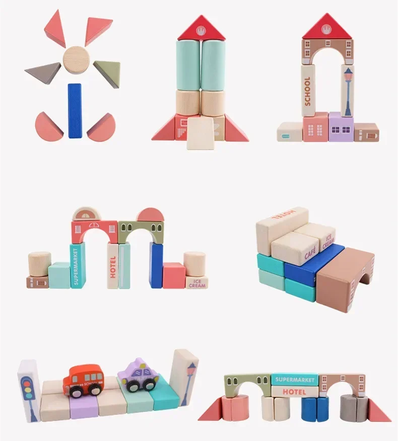 [Drôle] 115 pièces/ensemble en bois grandes particules bloc de construction jouet couleur magique ville vue blocs jouets éducatifs bébé anniversaire cadeau