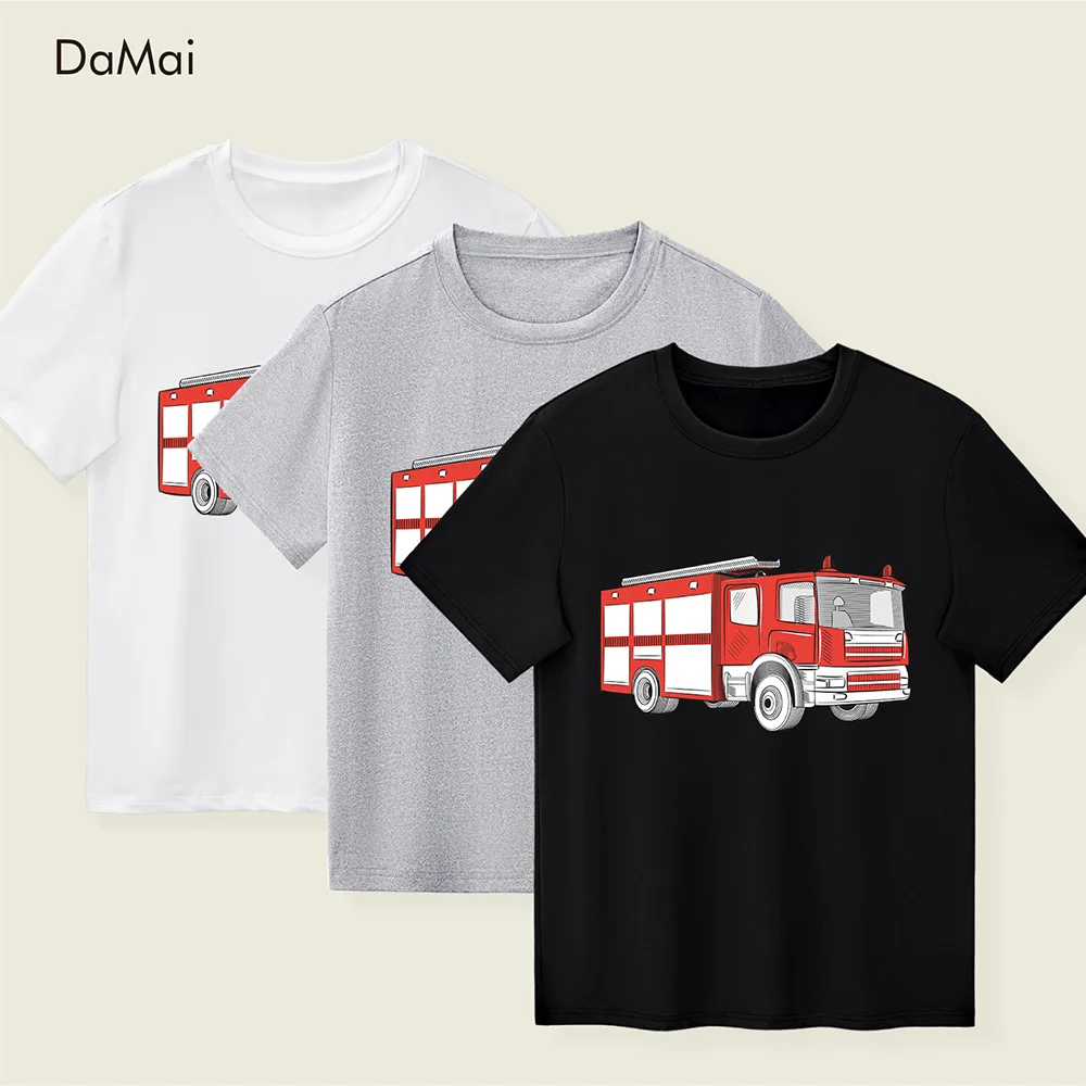 Europe and America Boys Round Neck Short Sleeve T-shirt Fire Truck Printed Summer Casual Children's Wear Girls Clothes