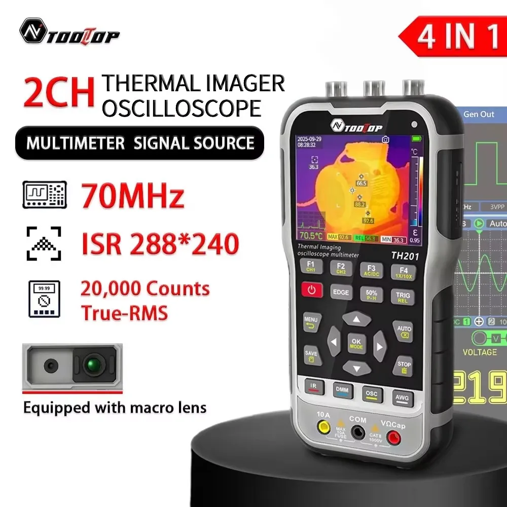 TOOLTOP TH201 Wärmebildkamera-Oszilloskop 2CH 70MHz Infrarot-PCB-Wärmebildkamera mit Makro-Objektiv 20000 Counts Multimeter