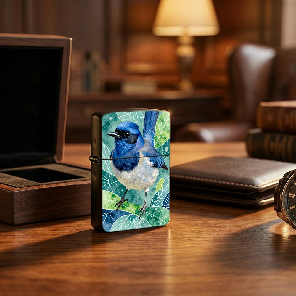 Watercolor‑style Flip Top Lighter lighters vintage Blue Wren Bird With Green Foliage Art Print Pattern lighters for smokers