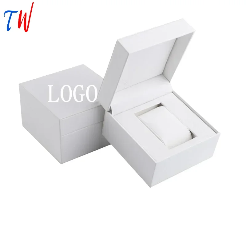 All White PU Leather Watch Storage Packaging Case Box Watches Organizer Flip Box Free Customized Logo Business Transportation