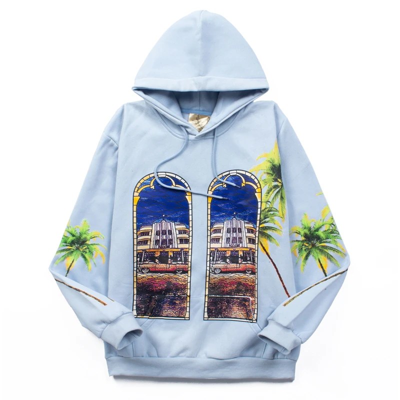 Kanye Tree Shadow Printed Hoodie Women Velvet Hooded Pullover Sweatshirts High Street Sky Blue Baggy Y2k Clothes Men Hoodies