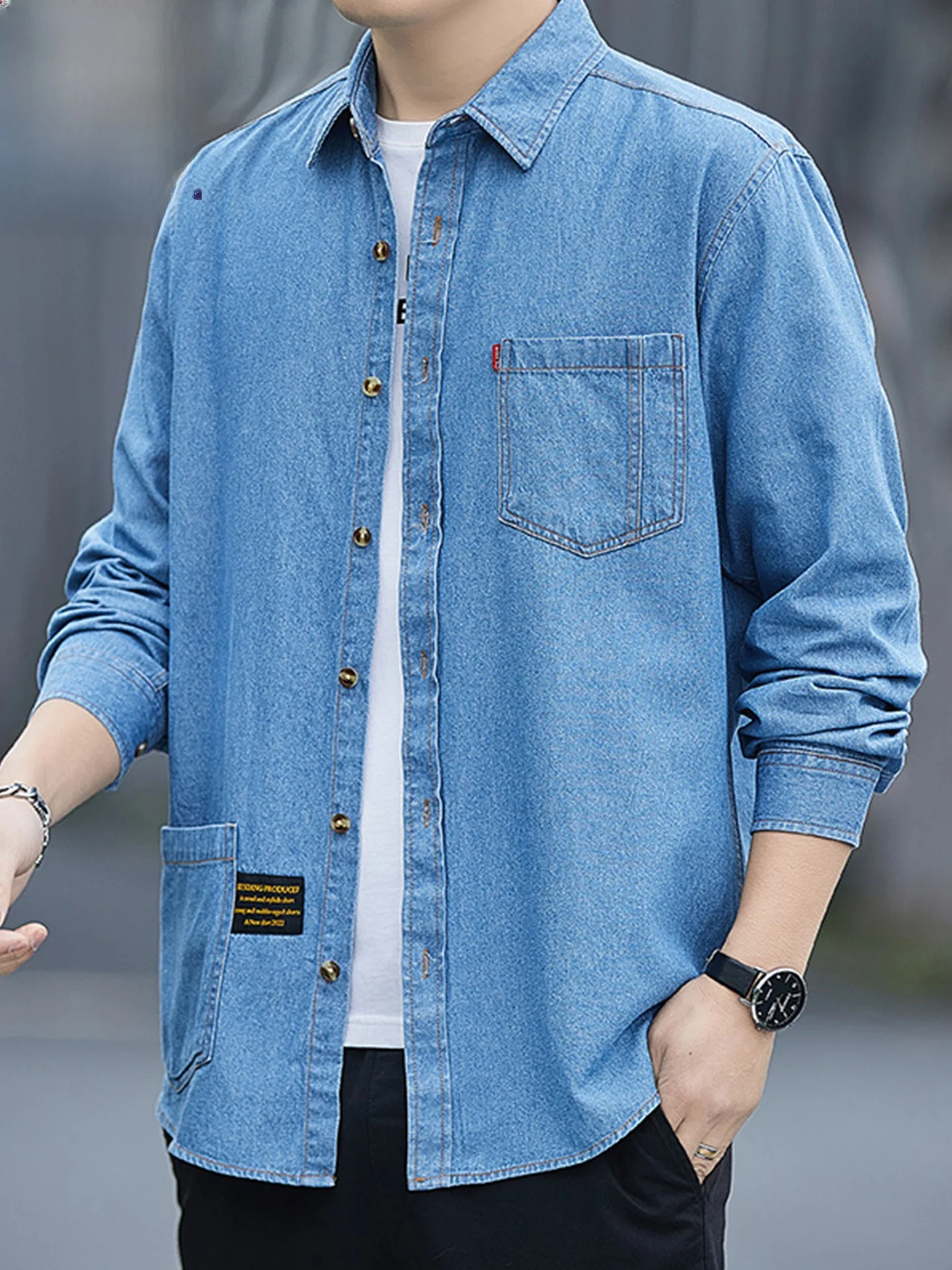 

Мужская модная хлопковая джинсовая одежда irt Jaet Thin ort Sve, рабочая одежда, повседневный летний топ с отложным воротником и пуговицами