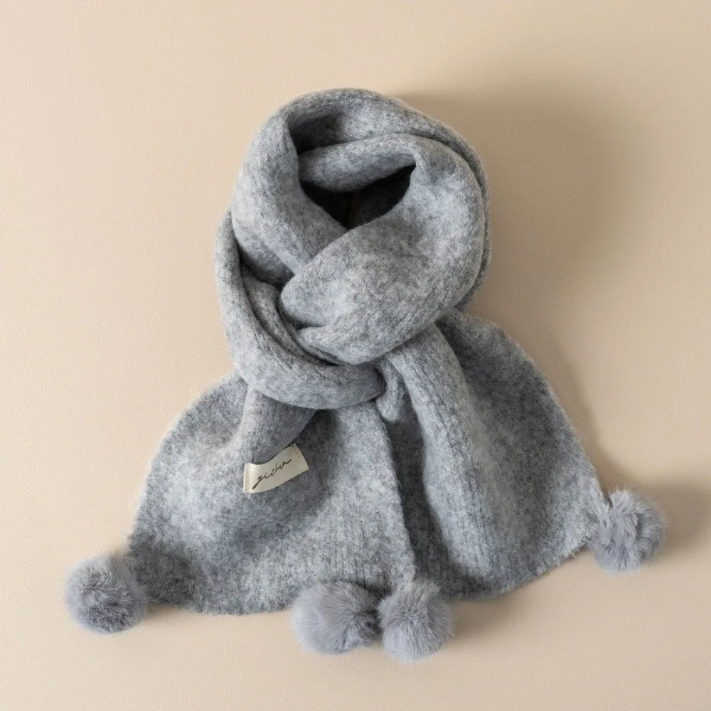 Gifts Knitted Kids Pom Pom Scarf Solid Pom Pom Detail Children Knitted Scarf Warm Kids Winter Scarf New Year Outfits