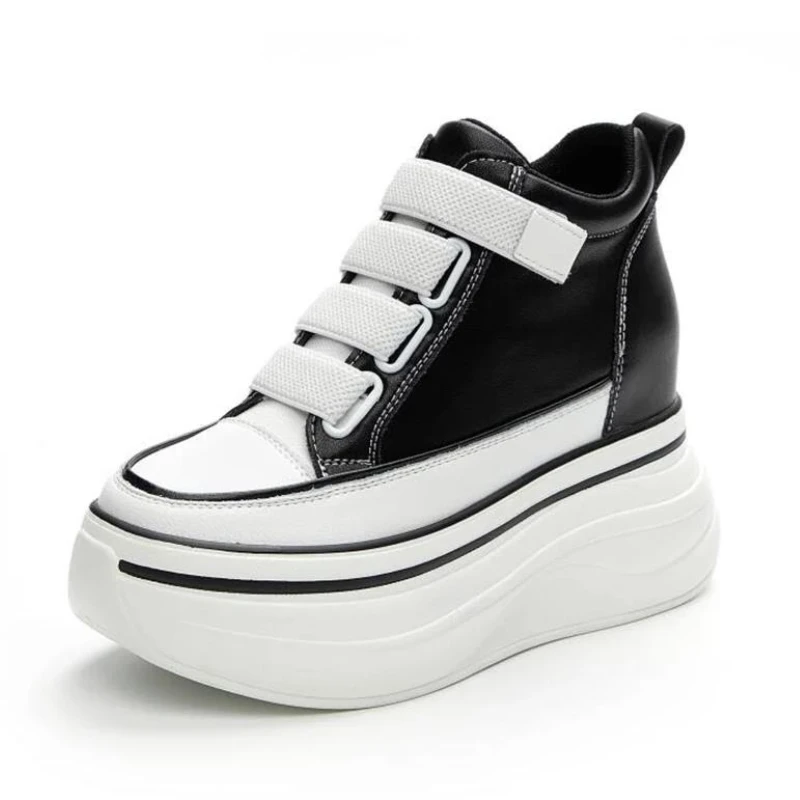 

New 10cm Genuine Leather Platform Wedge Shoes Autumn Spring Chunky Sneakers Black white Winter Plush Pumps Women Ankle Booties
