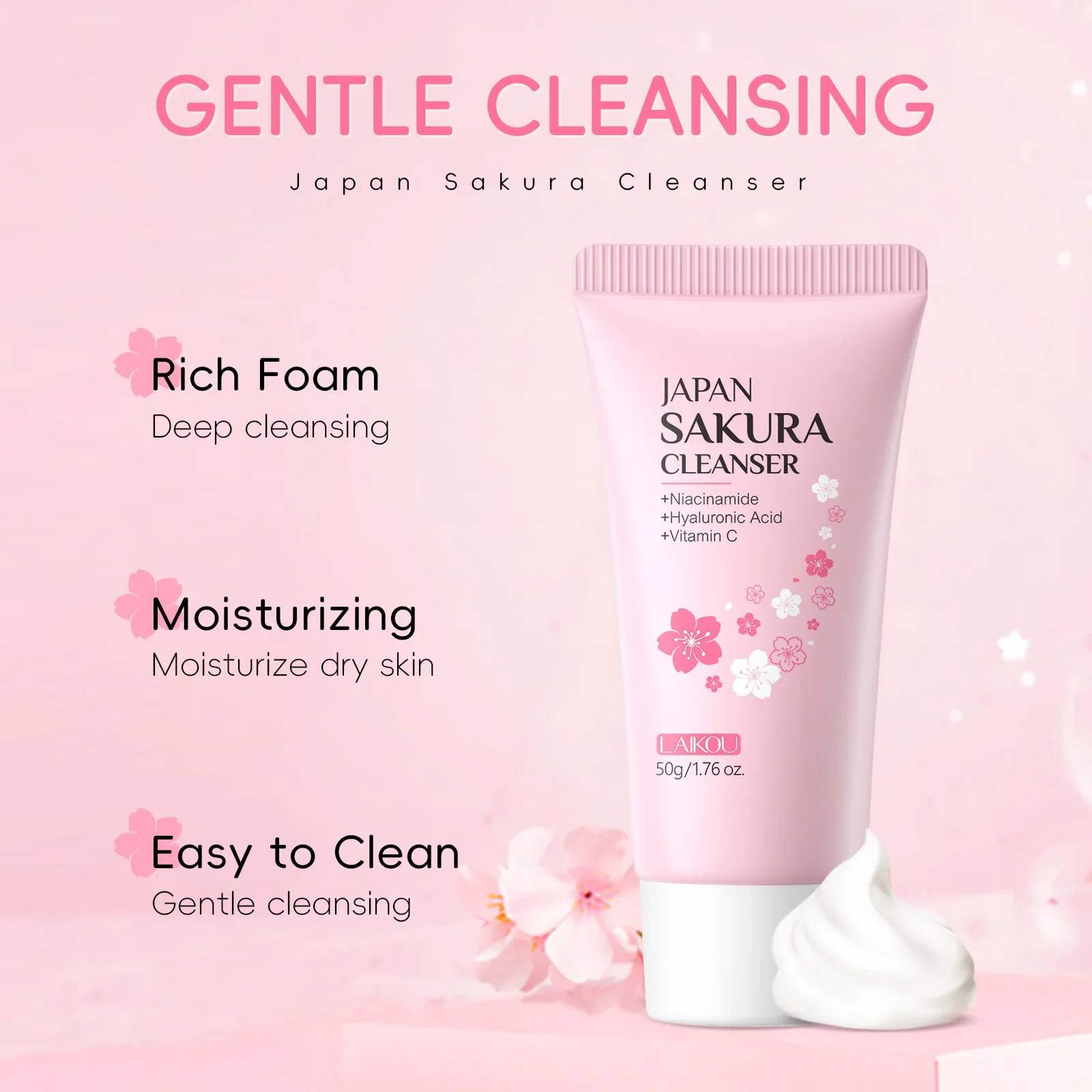 Laikou Sakura Facial Cleanser 50g Deep Pore Cleansing Oil Control Moisturizing Brightening Gentle Face Wash All Skin Types