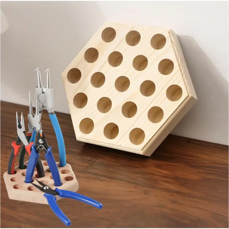 Pliers Holder Pliers Stand Hexagon Wood Plate 19-Hole Space Saving Display Stand for Tabletop Workshop Studio Indoor Use