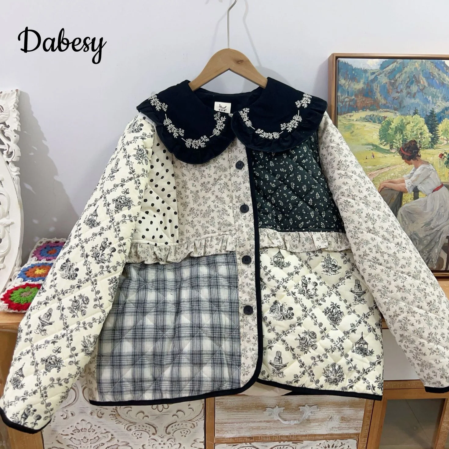 Japanese Flower Patchwork Cotton Linen Quilted Parka Women Vintage Mori Girl Peter Pan Collar Loose Winter Jacket Warm Outwear