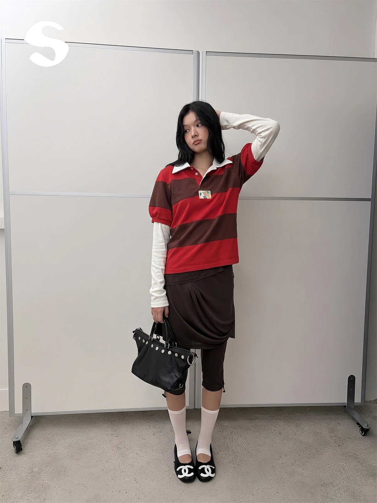 Korean Style Long Sleeve Striped  Shirt Bubble Sleeve Base Layer Top Sp at 11 Women's Fashion T-Shirt Loose Fit Breathable