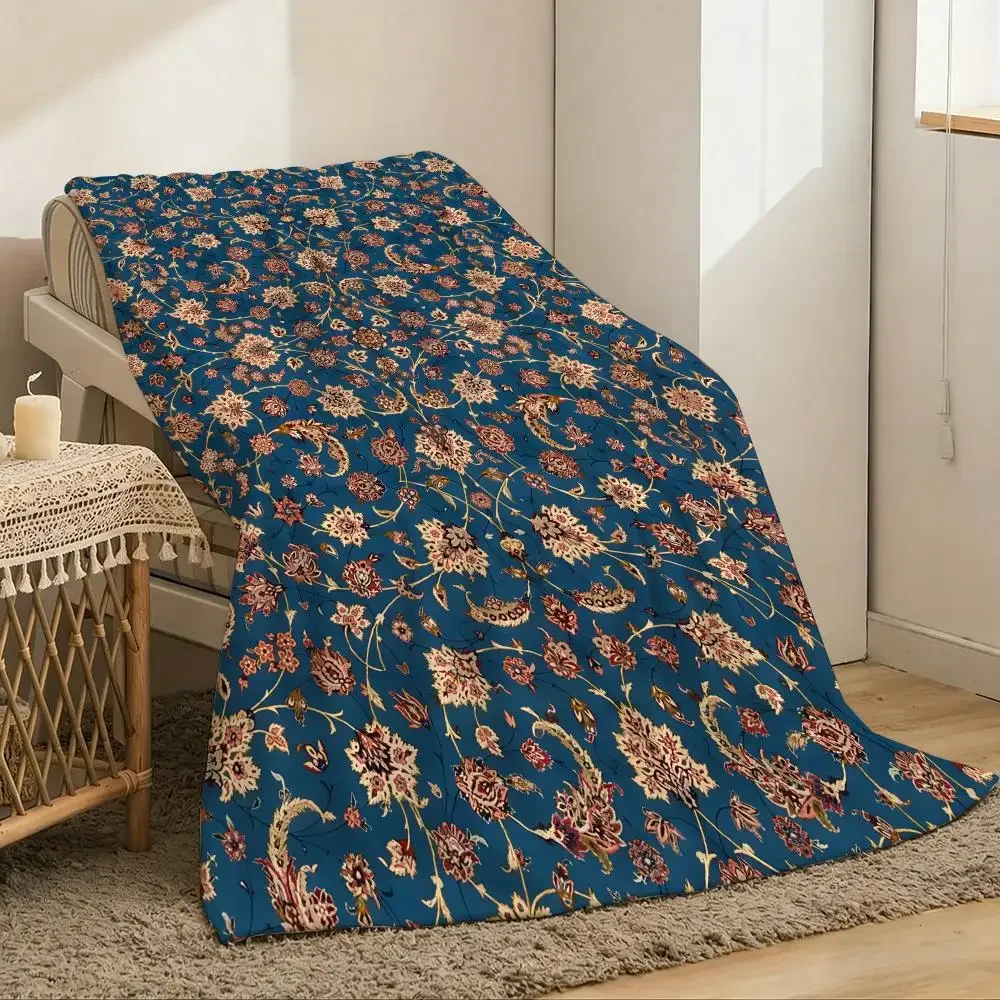 Persian Rug Pattern Throw Lightweight 240g Flannel Blanket Soft Skin-friendly for Summer Cooling