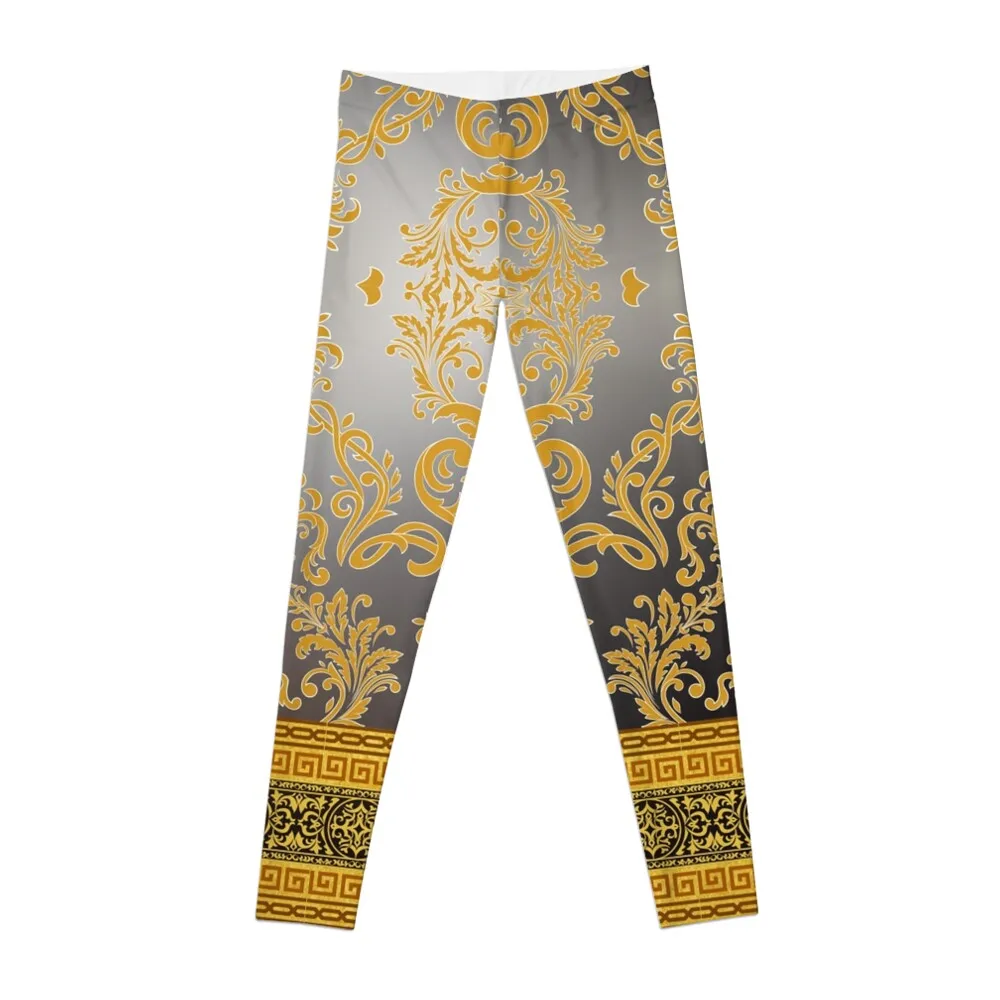 Greek Key Ornate Floral Baroque Black Silver and Gold Leggings sport pants Women's sportswear Women's trousers Womens Leggings