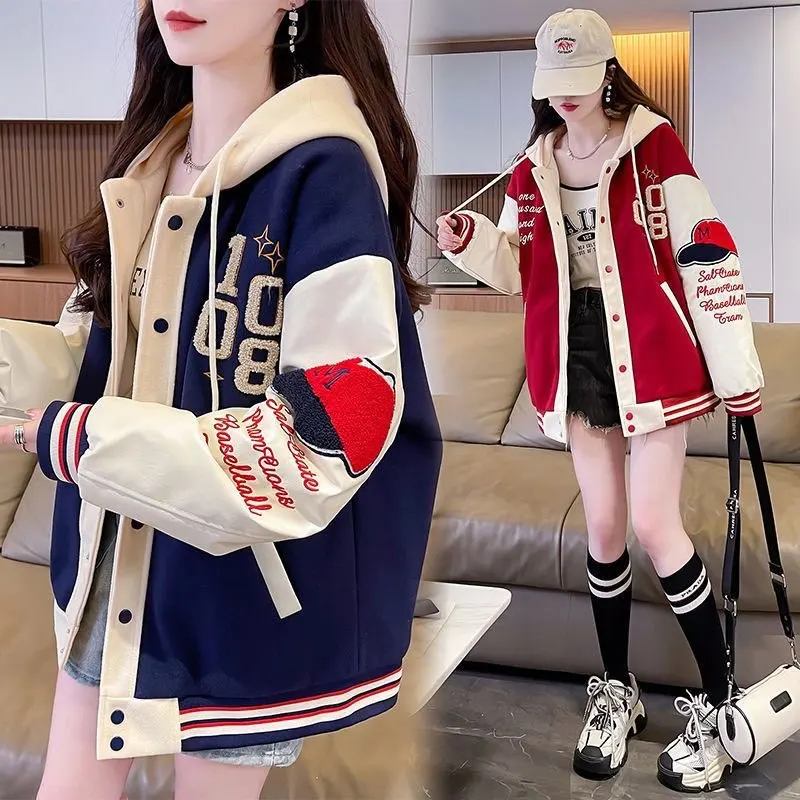 Quilted Coats Baseball Jacket for Girls Autumn Winter New Preppy Style Student American Retro Casual Hooded Winter Jacket Women