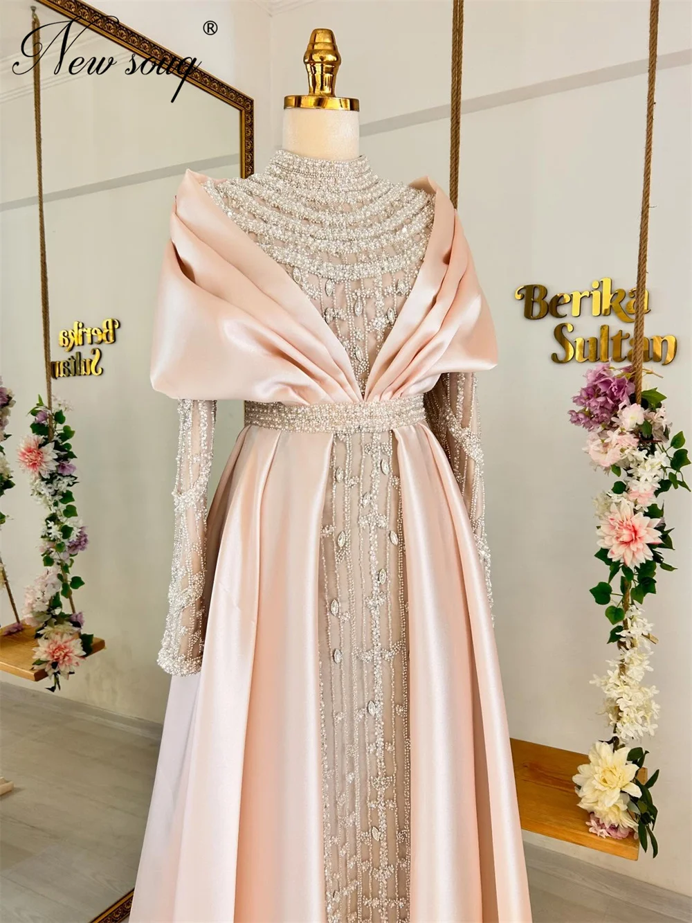 

Customized Elegant 2 Colors Formal Evening Dresses Beading Long Sleeves Wedding Party Gowns Vestidos De Gala Arabic Prom Dress