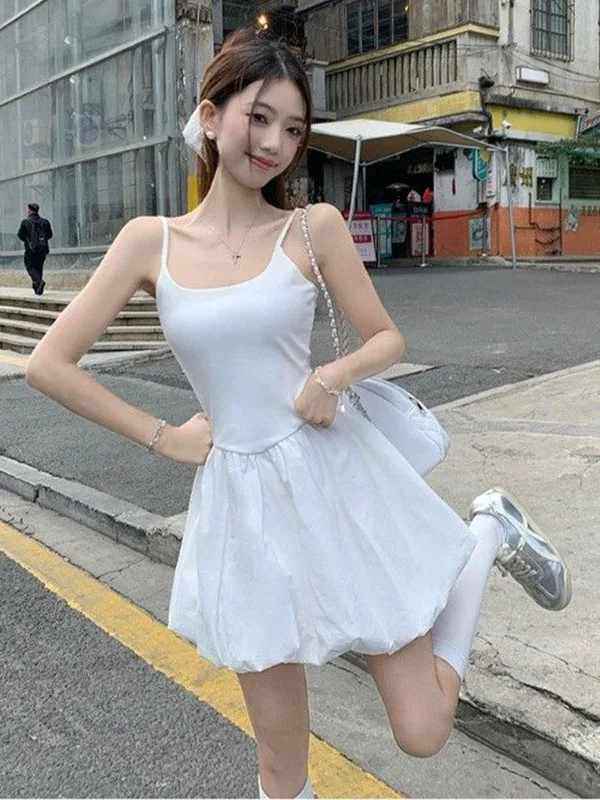 

Hebe Style White Ballet Strap Dress Women's New Gentle Design Flower Bud A-Line Short Skirt Korean High Waist Sleeveless Summ...