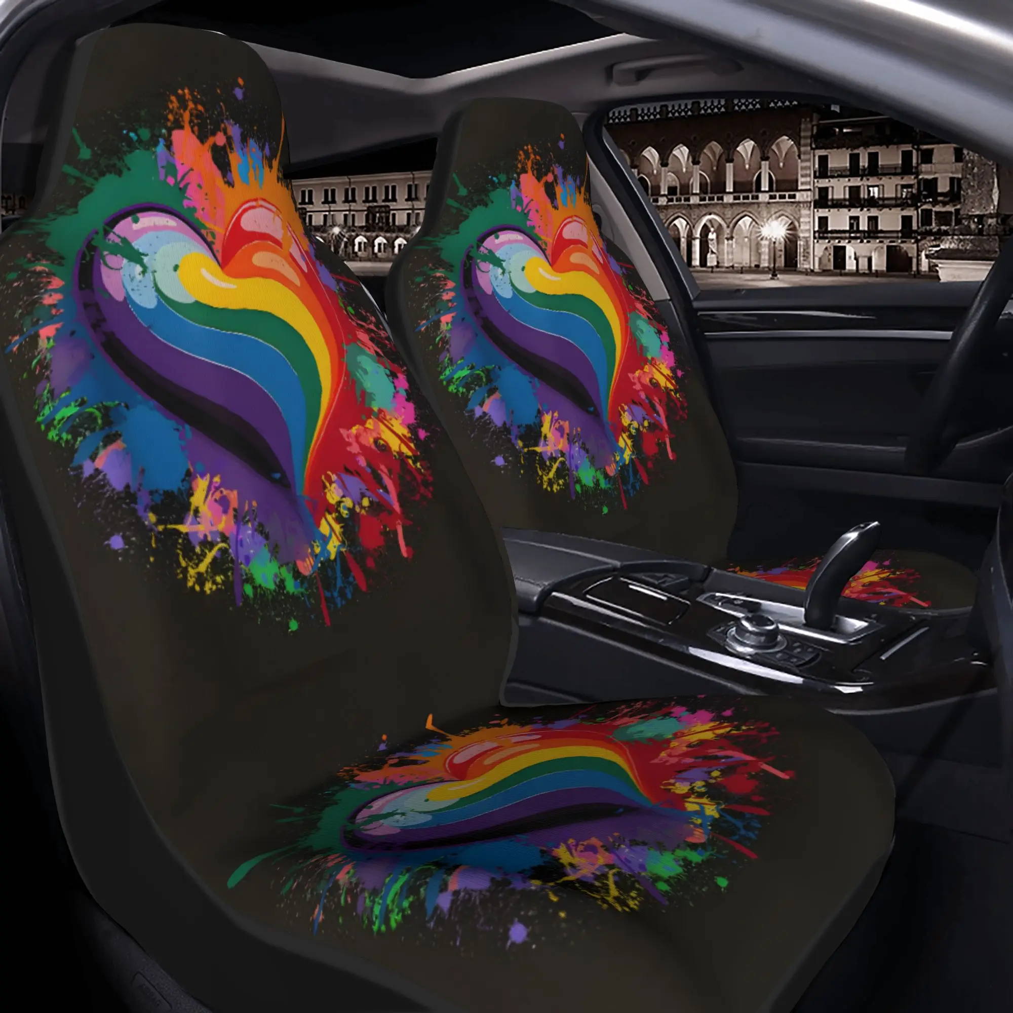 Set Of 2 Vibrant Rainbow Heart Splatter Designs On A Black Backdrop, Perfect For Celebrating Pride And Love. These Car Seat Cove