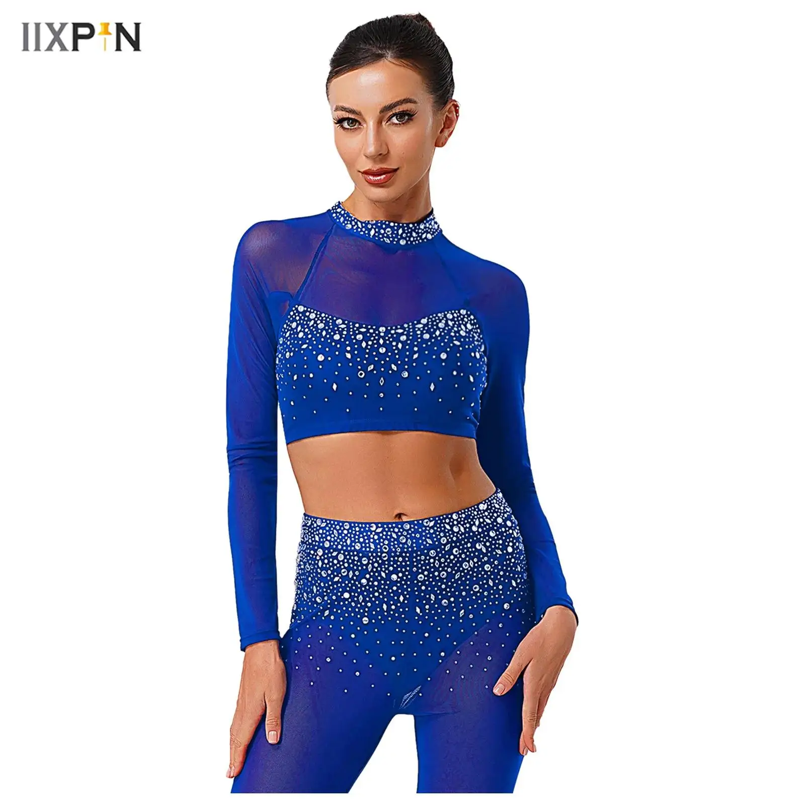 

Womens Shiny Rhinestones Ballet Dance Crop Tops Sheer Mesh Patchwork Long Sleeve Mock Neck Top Dancewear for Latin Tango Dance