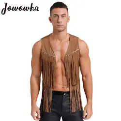 Mens Western Cowboy Vintage Faux Suede Tassel Vest Tops Open Front Rivets Fringe Waistcoat Jacket Festival Rave Party Clubwear