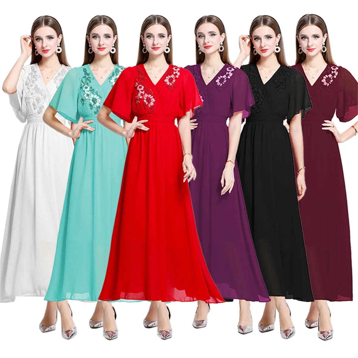 

Women's Sexy V Neck Butterfly Sleeves Slim High Waist Pleated Long Dress Elegant Luxury Flower Beaded Summer Party Prom Dress